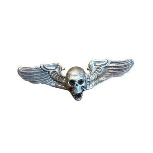 Vintage Winged Skull Silver Tone Jacket Badge Gothic Biker Rocker Emblem 2 in